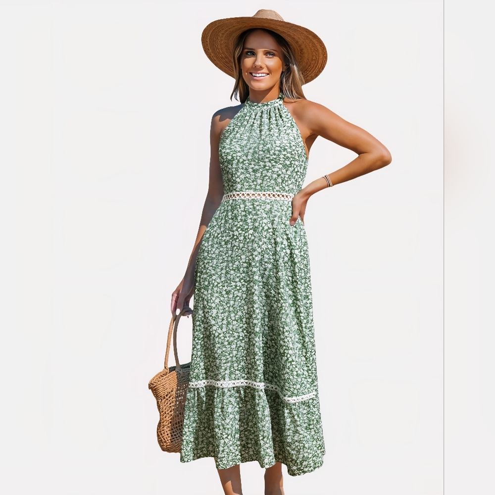 Cupshe Green Floral Halter Dress Large NWT